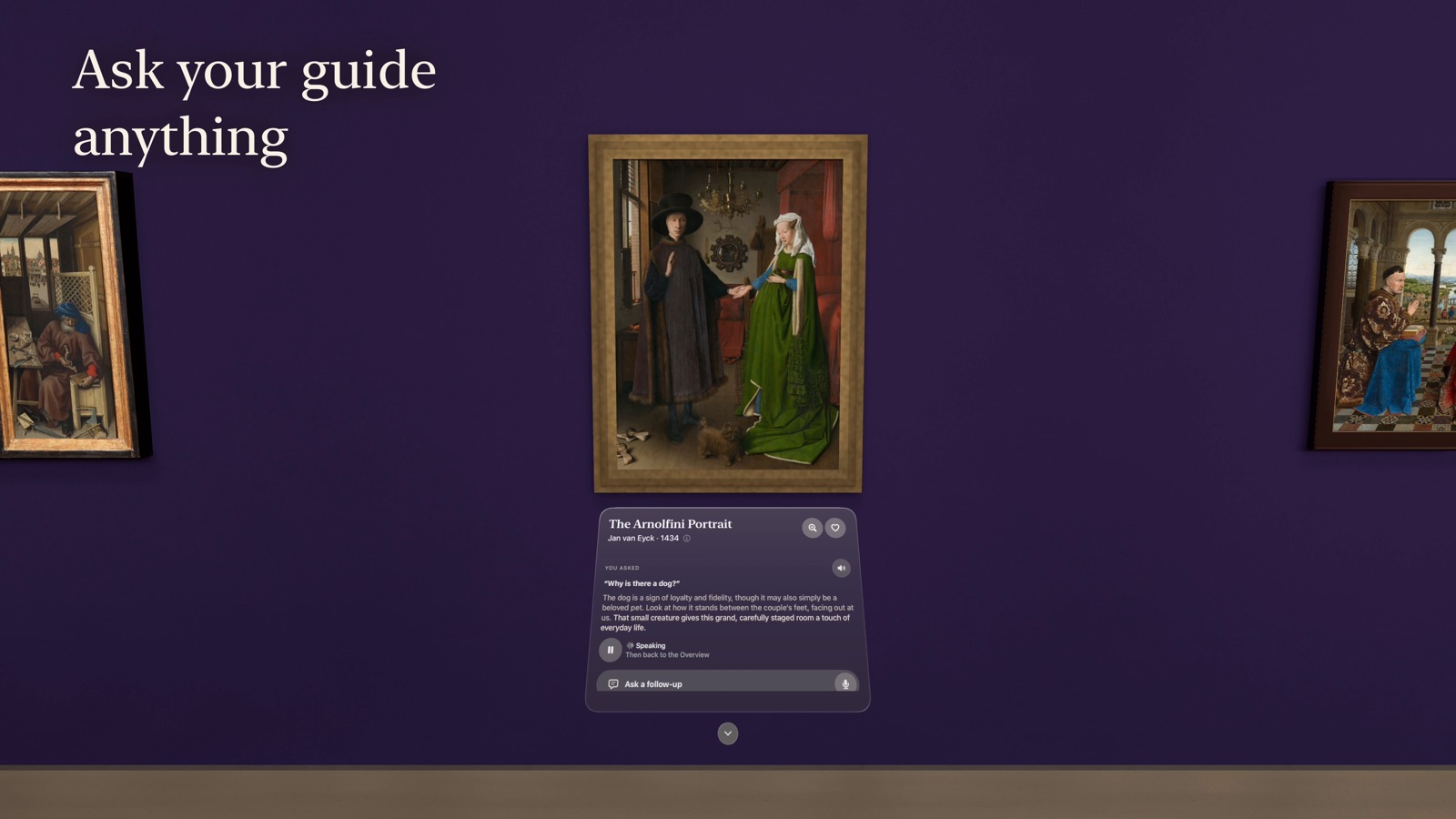 Asking the guide a question in front of the Arnolfini Portrait on Apple Vision Pro