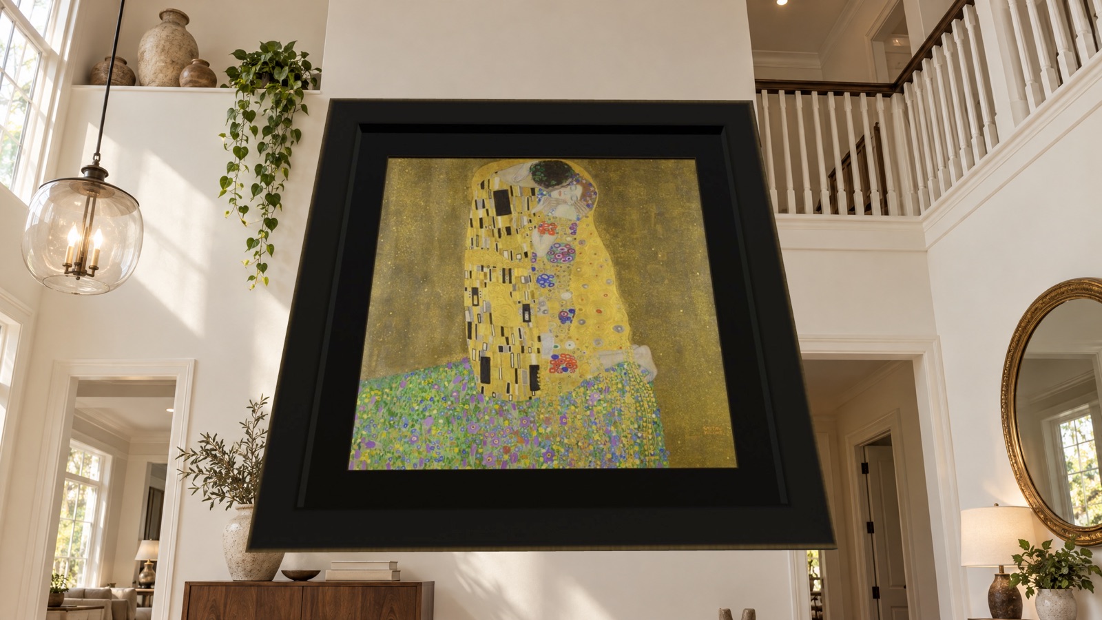 Klimt's The Kiss hanging at its true size on a living room wall, seen through Apple Vision Pro